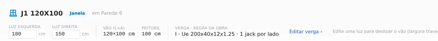 The J1 footer: "Verga · regra da obra: I · Ue 200x40x12x1.25 · 1 jack por lado" (from the project rule, one jack stud per side).
