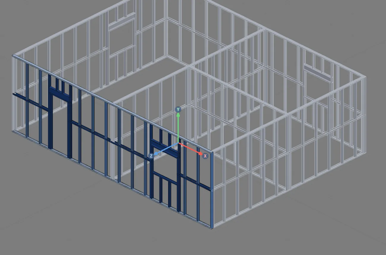 The house in 3D, with the front wall in blue: the door on the left, J1 on the right.