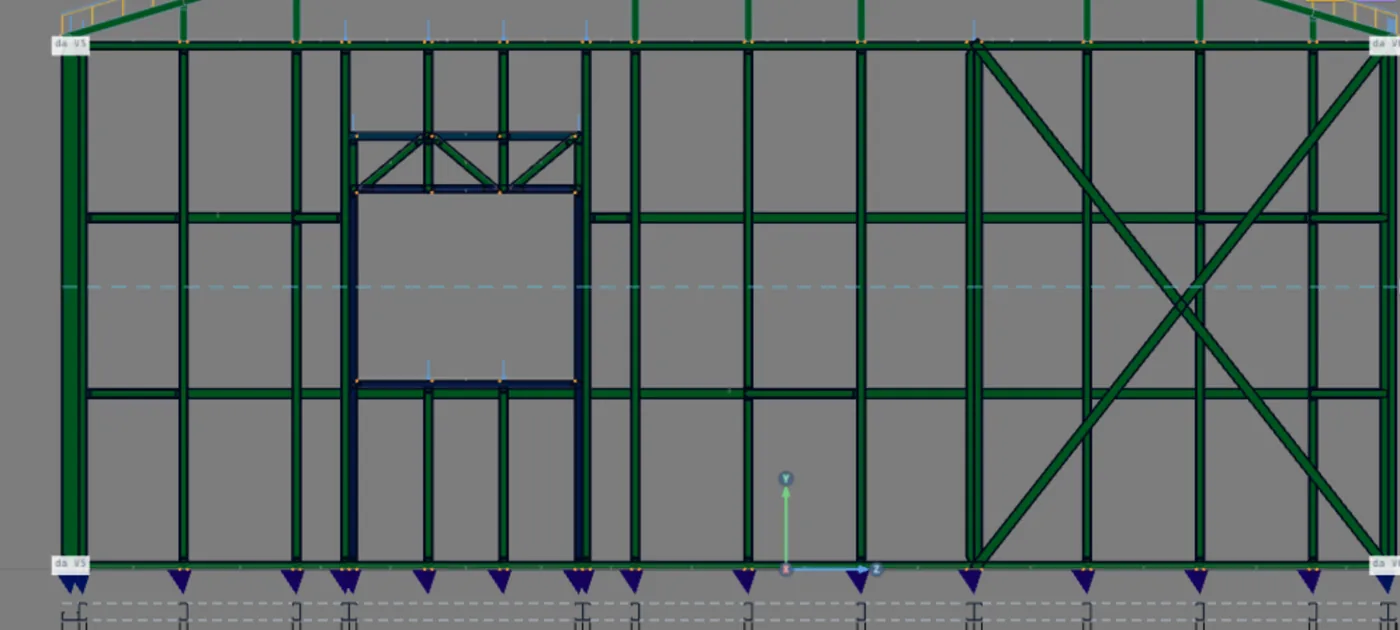 Wall 3 with the check colors: both straps of the X in green (0.56 and 0.59, in tension), and the studs, horizontal straps and blocking in green too.