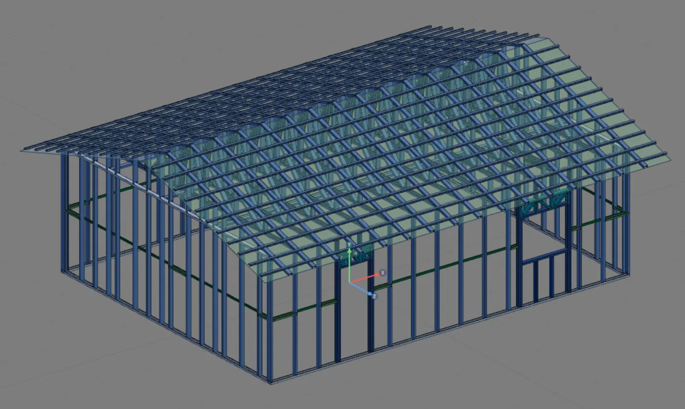 The 9 x 7 m house with the two-slope roof in the CalcSteel 3D view