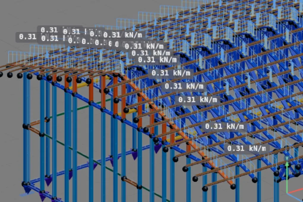 Detail of the eave with the 0.31 kN/m loads on the top chords