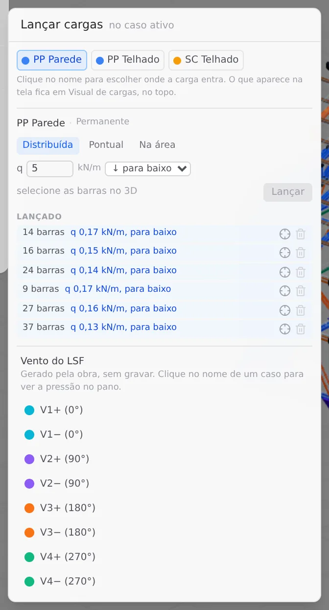 Apply loads with PP Parede active: the case is Permanent, the Applied list has the six walls, and the LSF wind block, the eight wind cases.