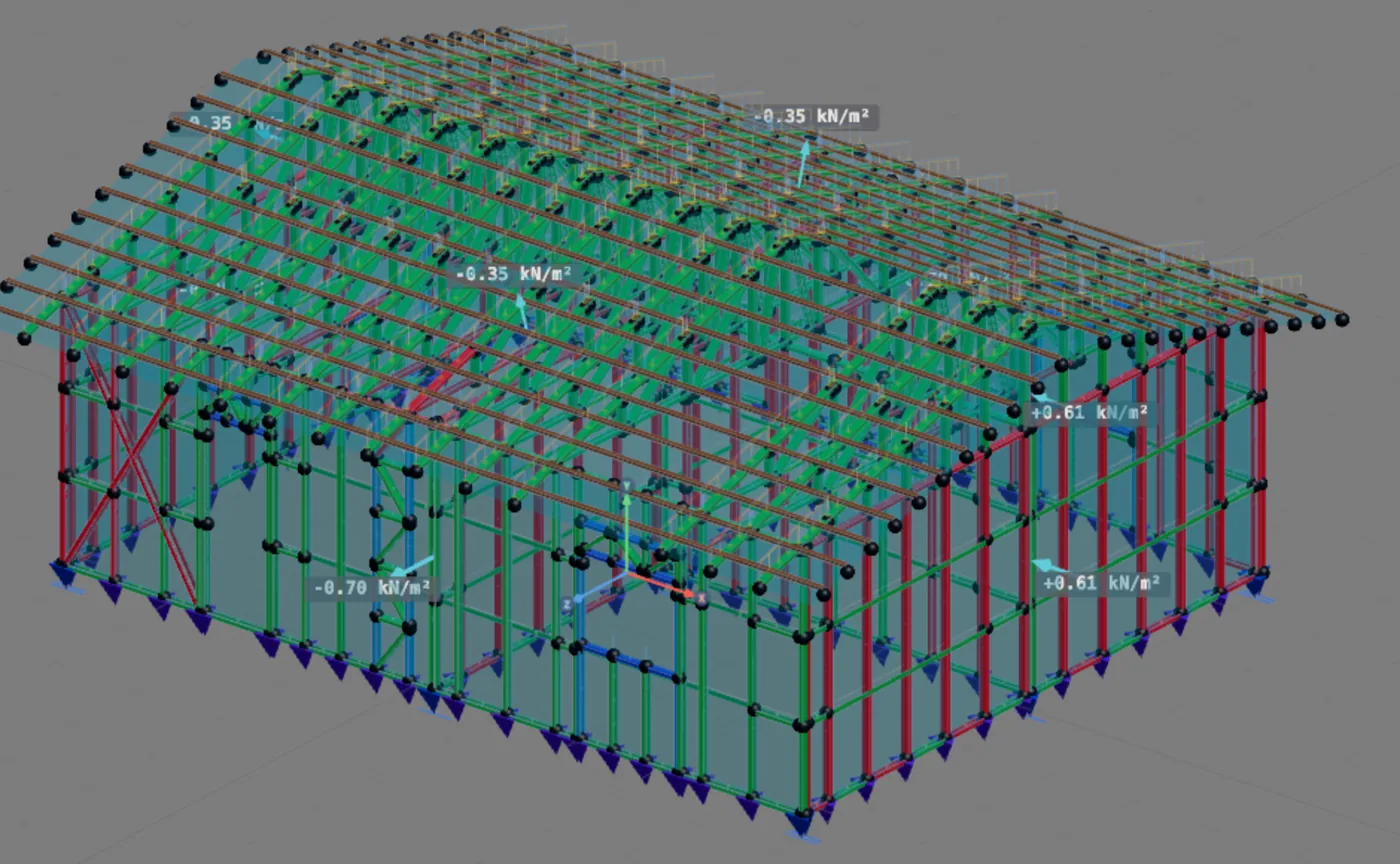 V1+ (0°). The 7 m wall and the gable above it take +0.61 kN/m² (0.70 × 0.872), the sides −0.70 (0.80 × 0.872) and the back wall −0.35 (0.40 × 0.872). The roof planes are under suction.