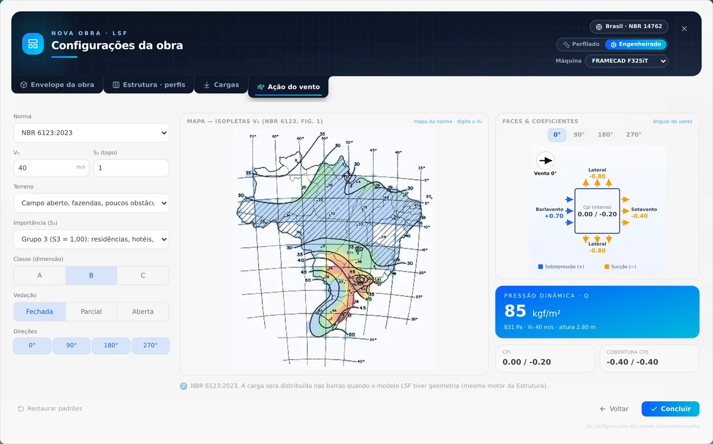 The Wind action tab as a new project arrives, with the fields, the map and the dynamic pressure