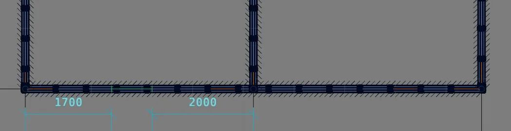 The door reaching the front wall, in the plan: the 1700 and 2000 mm dimensions are the distances from the opening to the corner and to the joint of the interior wall.