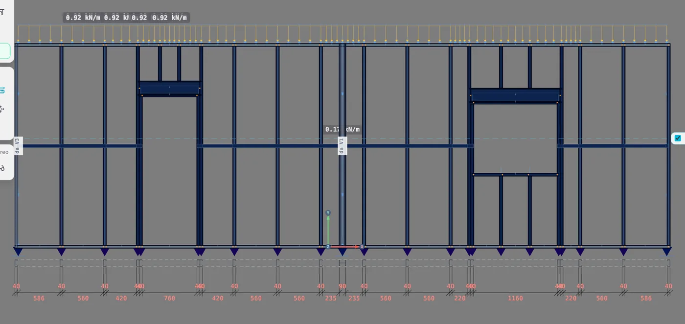 The front wall, from outside. The dimensions below show the spacing: the 760 is the door, the 1160 is the window. The strap at mid-height is the bracing line; the arrows at the top, the load that reaches the wall.