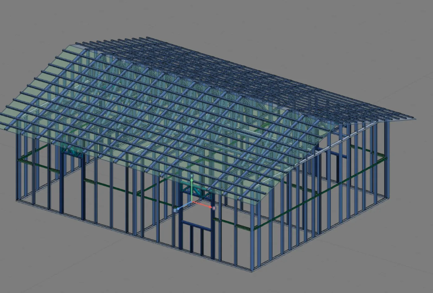 The 9 x 7 m LSF house in the CalcSteel 3D view, with walls, openings, trusses and roof