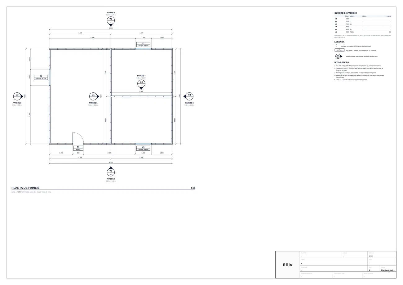 Drawing sheet with the plan of the house, a wall schedule and title block