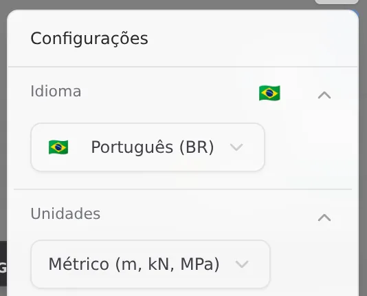 Gear: Language Português (BR) and Units Metric (m, kN, MPa), those of the example house.