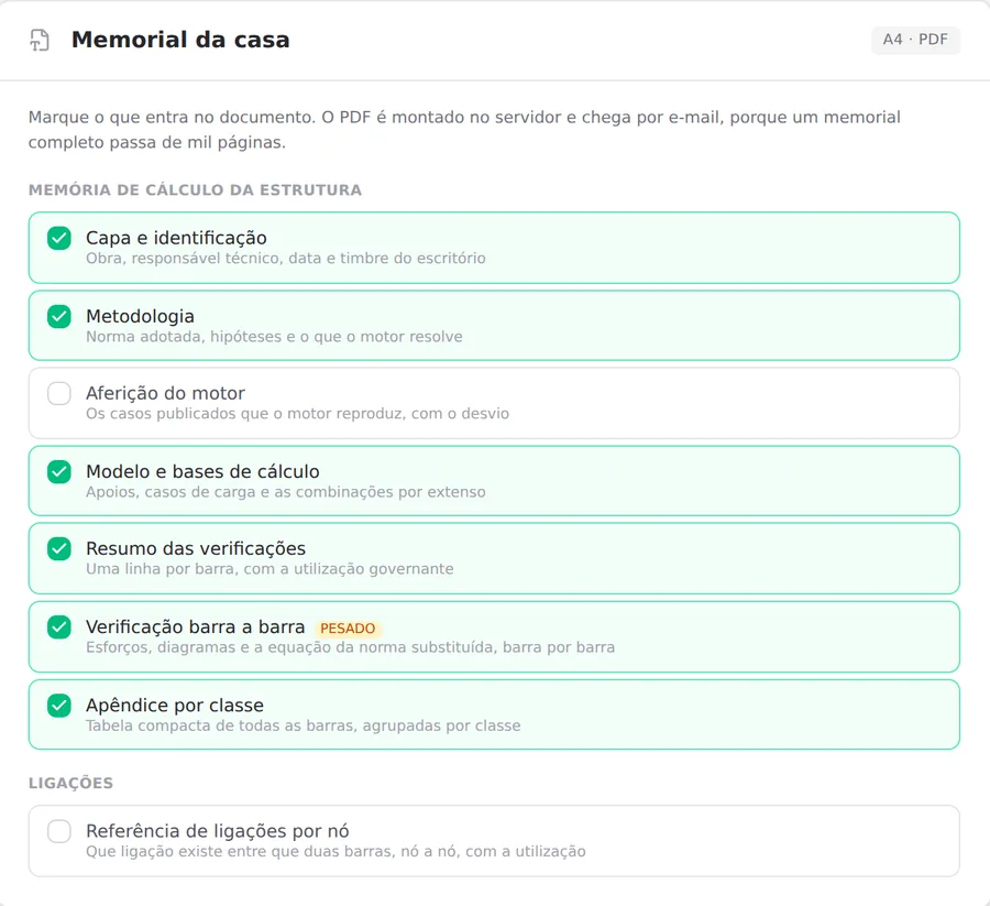 The composition of "Memorial da casa": six parts checked by default.
