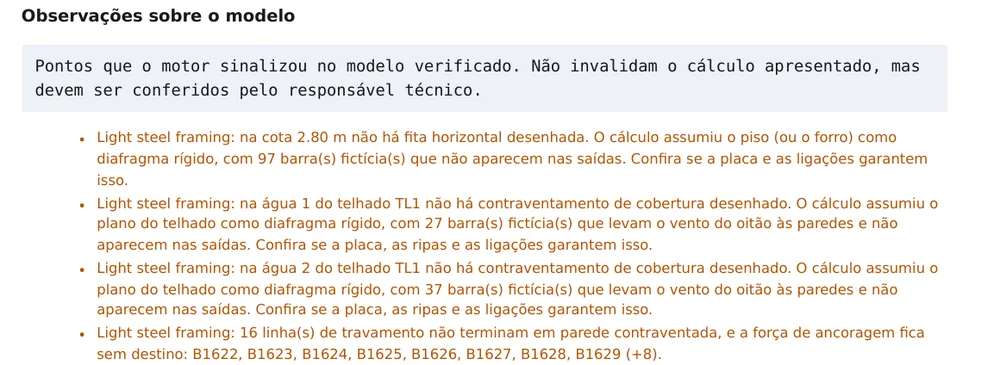 End of section 3, notes on the model: what the engine flagged and assumed. They do not invalidate the calculation; they are decisions the engineer of record checks and records.