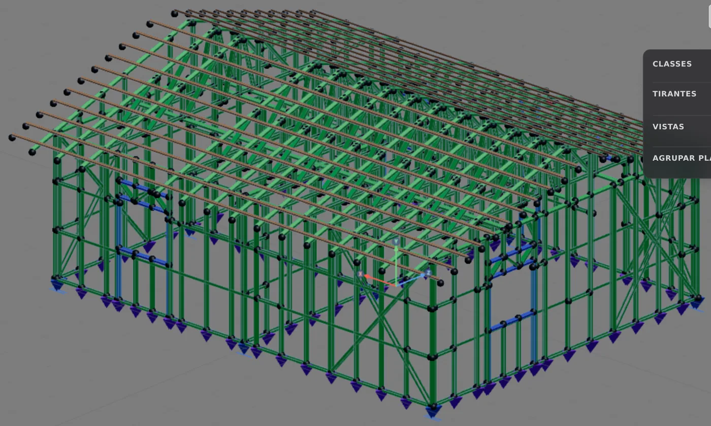The calculated house, seen from the back, with the verification colors on: green is what passes. The roof battens stay brown and the members of the lattice headers stay blue, the colors of their classes (step 4). The red arrow in the middle is the X axis of the orbit pivot, not a bar.
