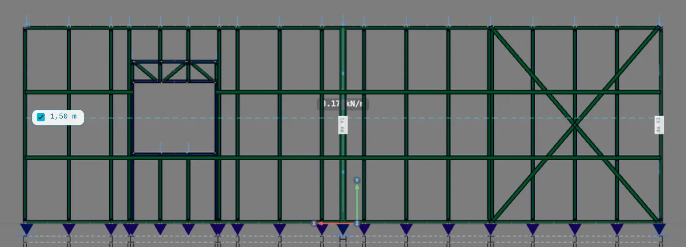 Wall 5 in the wall view, with the colors on: studs, tracks and the X strap in green. The opening frame, with the lattice header on top, is blue, the color of its class: its members are read in the list, as in Headers, jambs and cripples. The triangles at the bottom are the supports; the dashed line and the labels belong to the view itself, not to the verification.