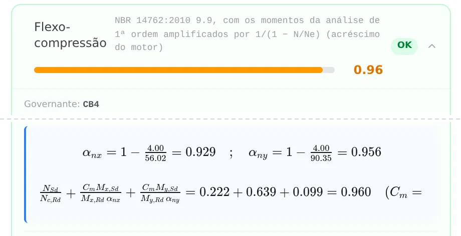 Flexo-compression open (14762, 9.9): governing CB4, and the sum 0.222 + 0.639 + 0.099 = 0.960.