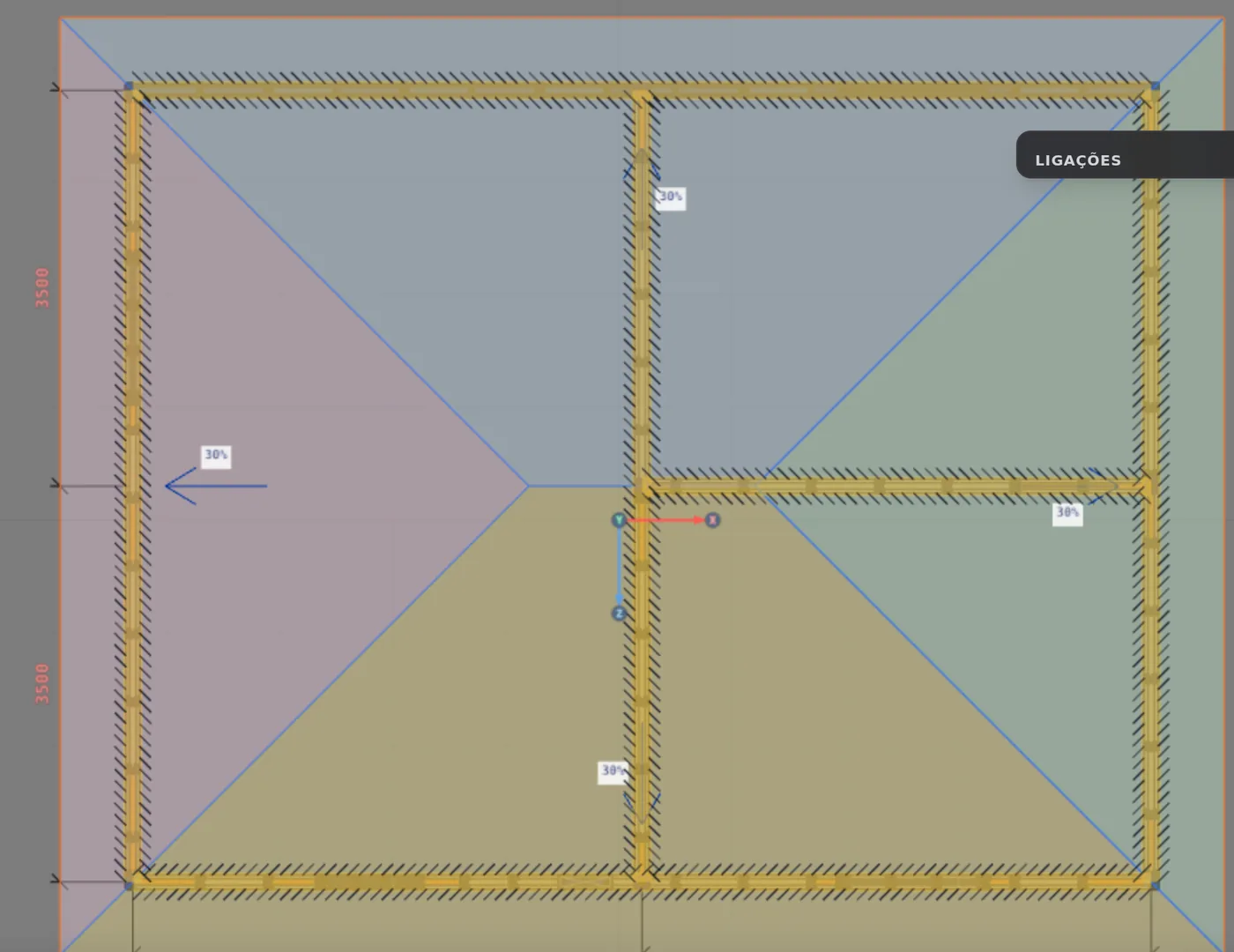 The plan with the outline marked: the walls in amber and the 4-plane sketch on top.