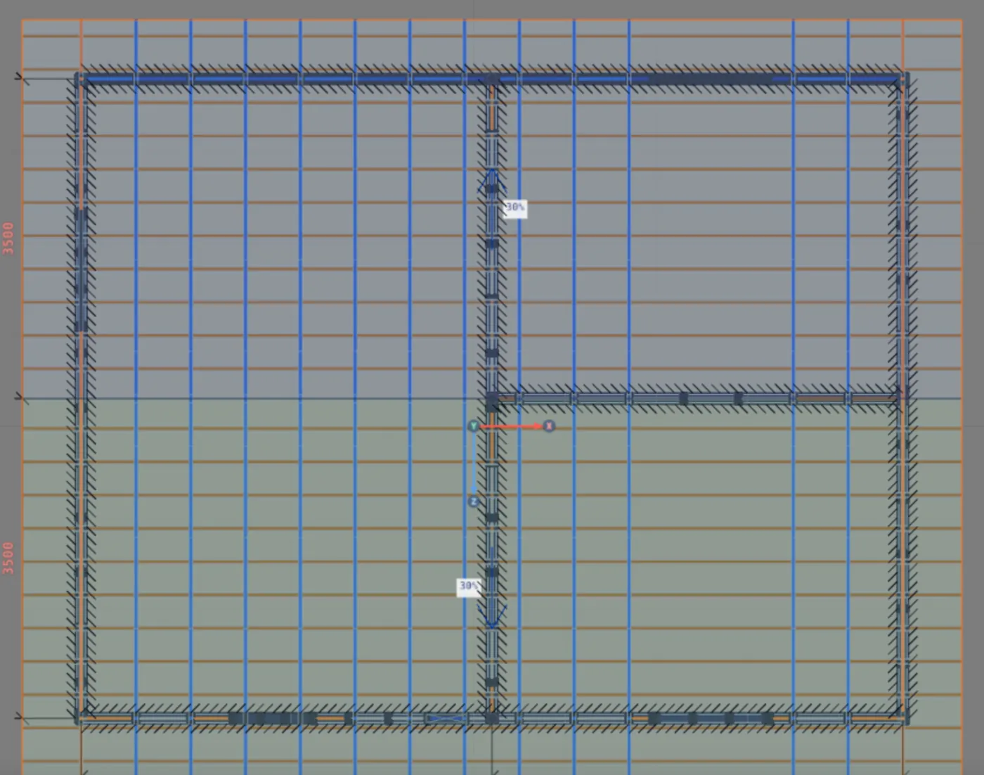 TL1 written in plan: the trusses in blue, over the studs of walls 5 and 6.