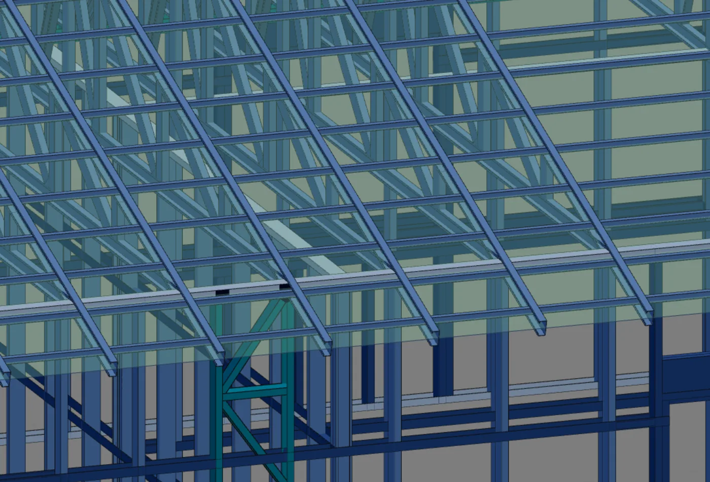 Close up: the battens over the top chords, and the eave beyond the wall.