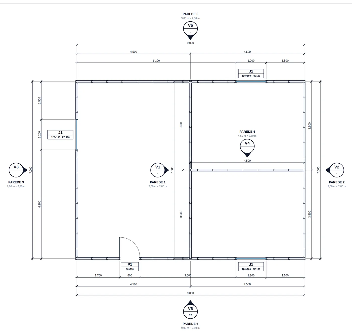 The Panel plan sheet of the 9x7 house, generated by the app on A2 at 1:50.