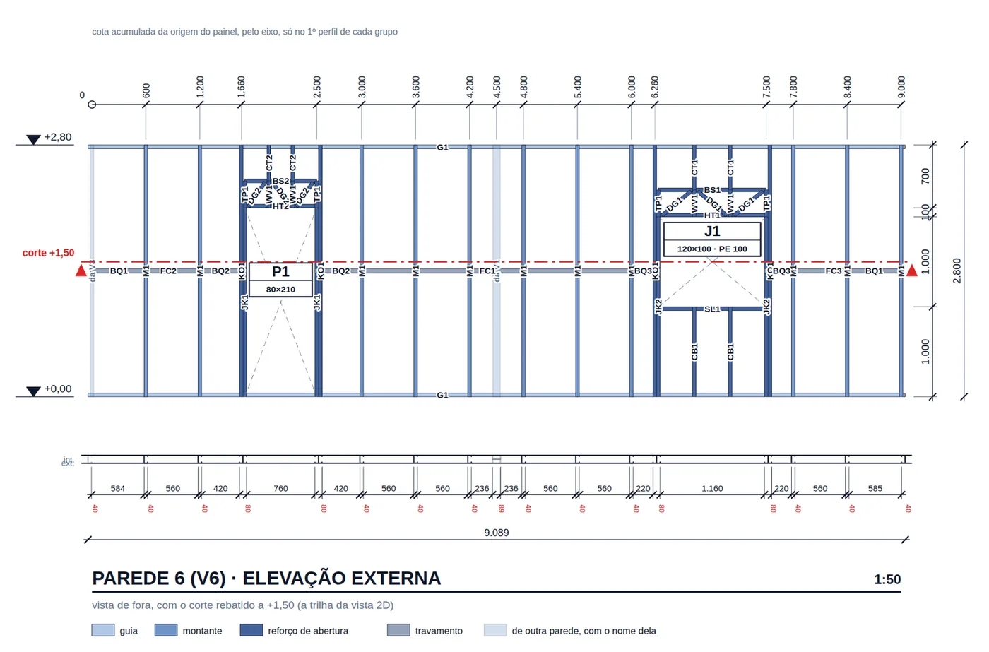 The elevation of Wall 6 on the Painel V6 sheet (A3, 1:50), with the section folded down at +1.50 below.