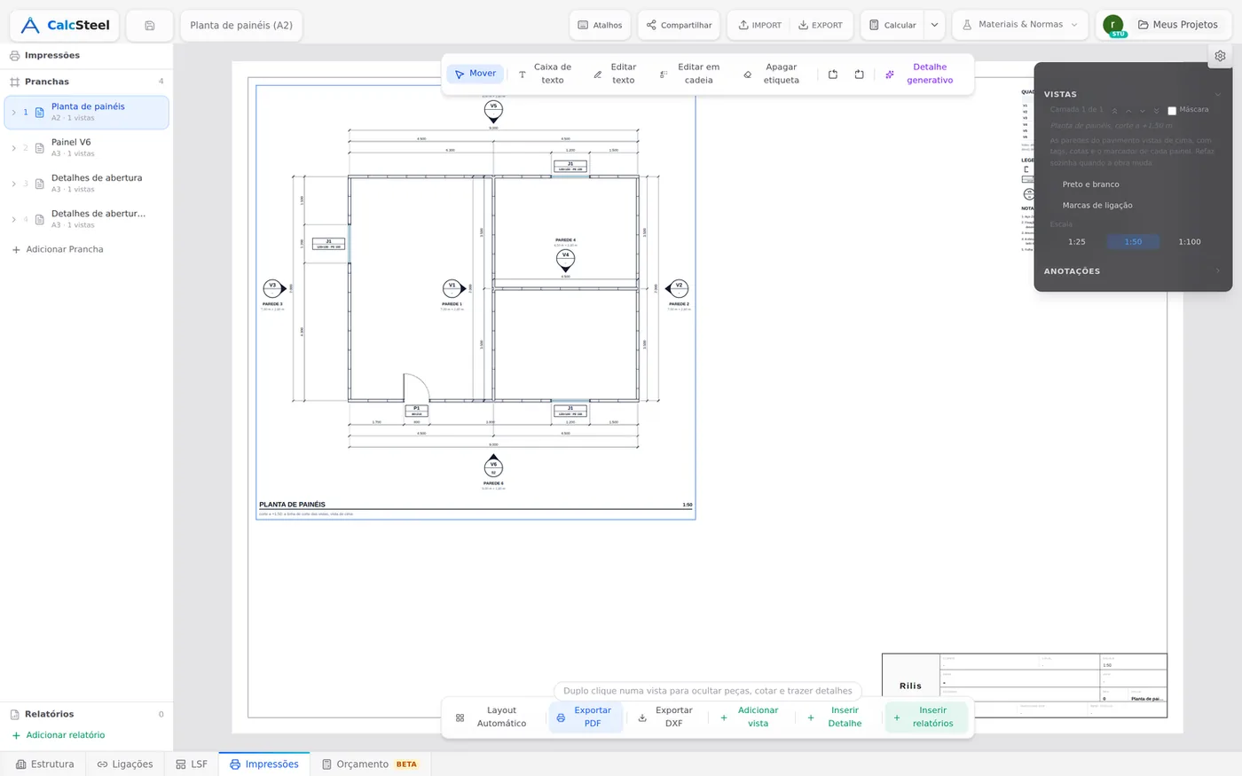 The Prints tab with the panel plan open: the Sheets list with the four sheets of the house, the Export PDF and Export DXF buttons at the bottom and the Views section on the right.