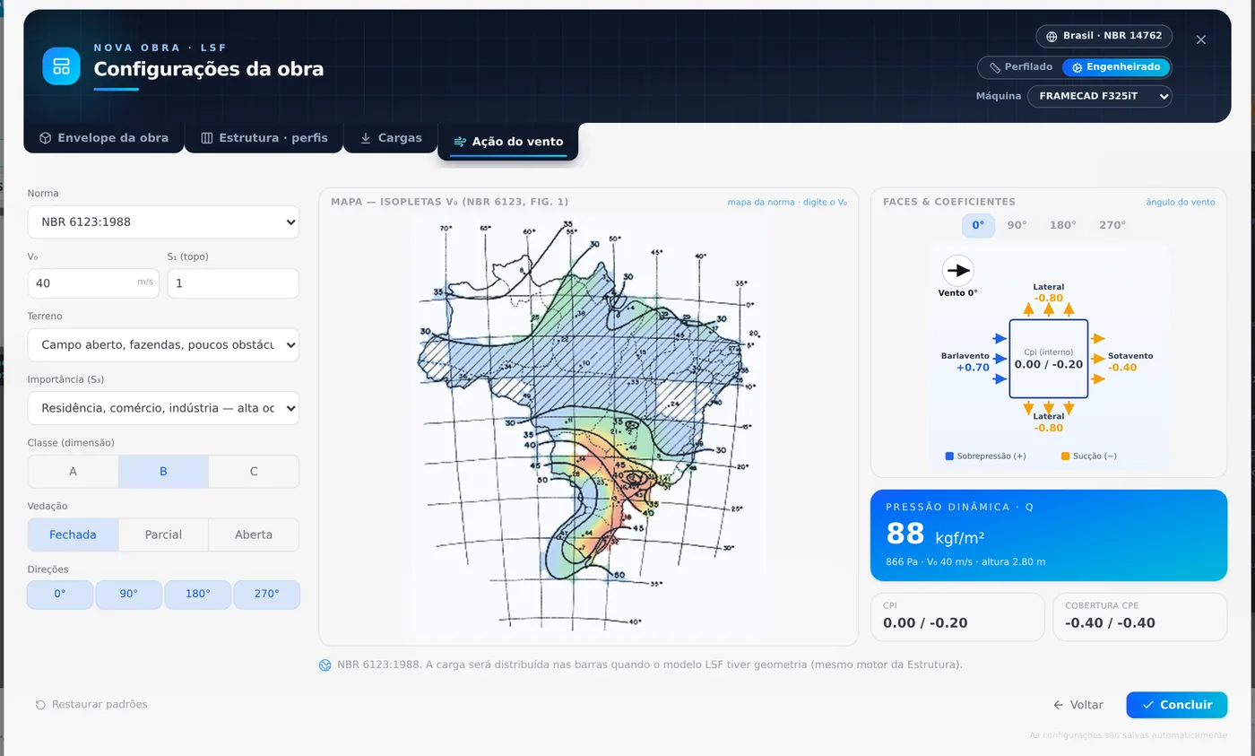 The Wind action tab, Brazil market, with the wind data, the isopleth map and the coefficients per face