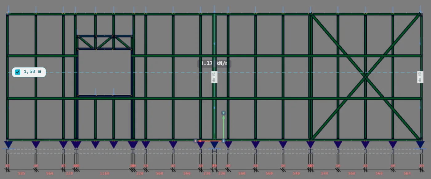 Wall 5 in the view, with the Verification Colors on. Window J1 is on one side; on the other, the X strap. All green: no piece in the wall exceeds the limit. Green does not say how much is left; the most loaded studs are in the strap panel and right next to it, and the report of each one gives the number. The strap has its own check, in Lateral system and diaphragm.