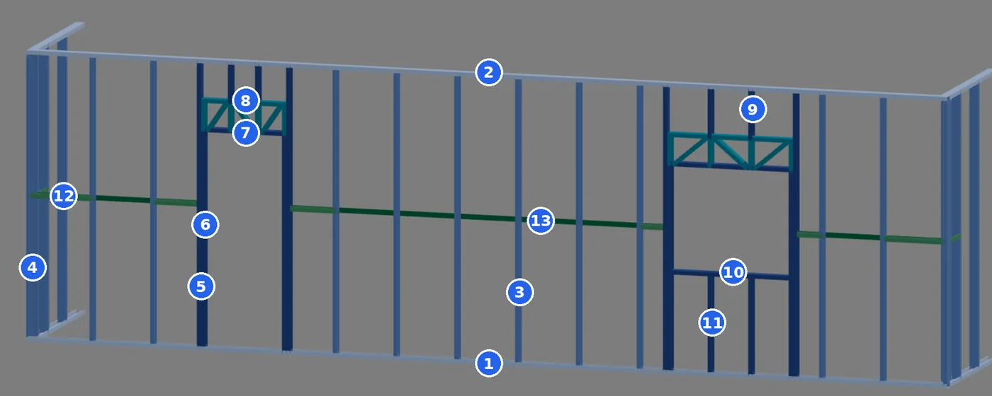 Parede da frente no 3D, sem placa, com a porta à esquerda, a janela à direita e as peças numeradas de 1 a 13
