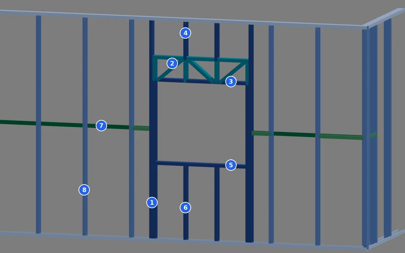 Janela J1 no 3D, com as peças da abertura numeradas