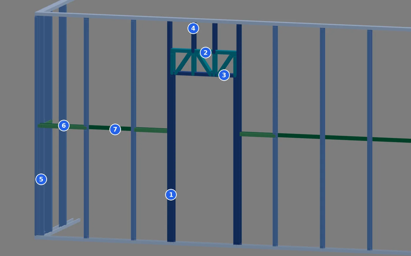 Porta P1 no 3D, com as peças da abertura numeradas