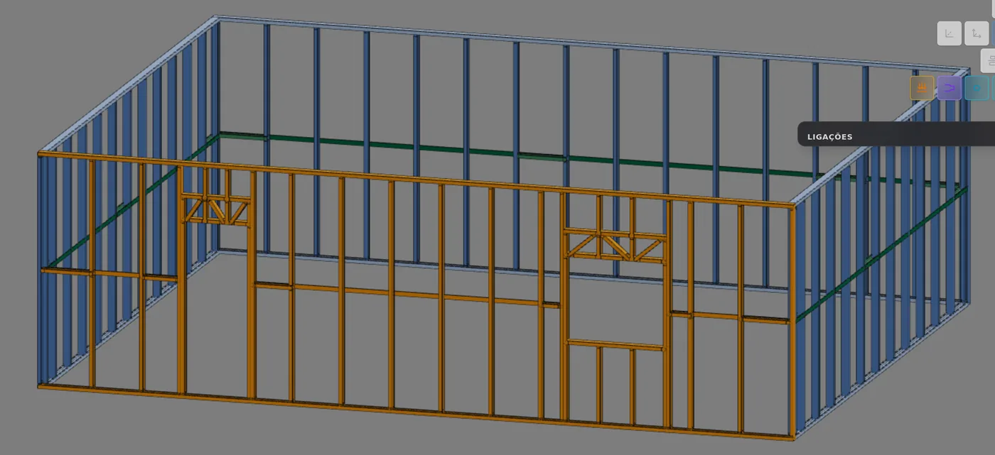 Parede da frente selecionada no 3D, em laranja