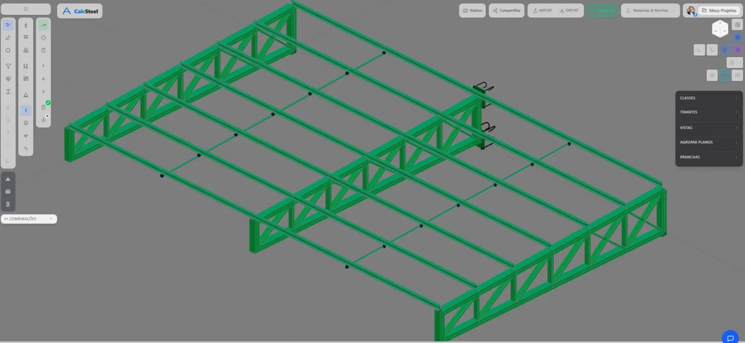 Estrutura metálica 3D com todas as barras verificadas